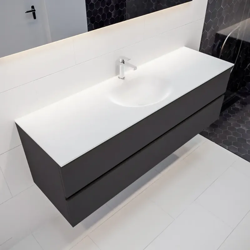 Rechtstreeks Van De Fabrikant Mondiaz Vica 150cm badmeubel dark grey 2 lades wastafel Moon midden 1 kraangat