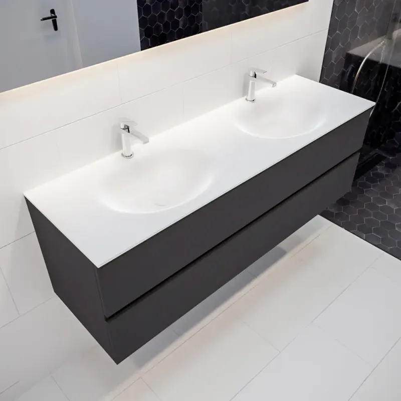 Mondiaz Vica 150cm badmeubel dark grey 2 lades wastafel Moon dubbel 2 kraangaten Premium