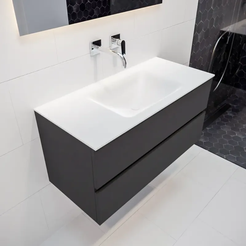 Dagaanbieding Mondiaz Vica 100cm badmeubel darkgrey 2 lades wastafel Cloud midden geen kraangat