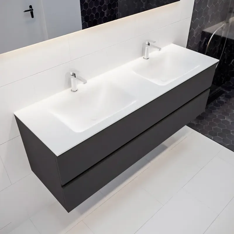 Gereduceerde Prijs Mondiaz Vica 150cm badmeubel darkgrey 2 lades wastafel Cloud dubbel 2 kraangaten