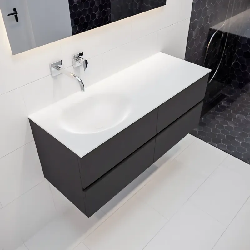 Korting Mondiaz Vica 120cm badmeubel dark grey 4 lades wastafel Moon links geen kraangat