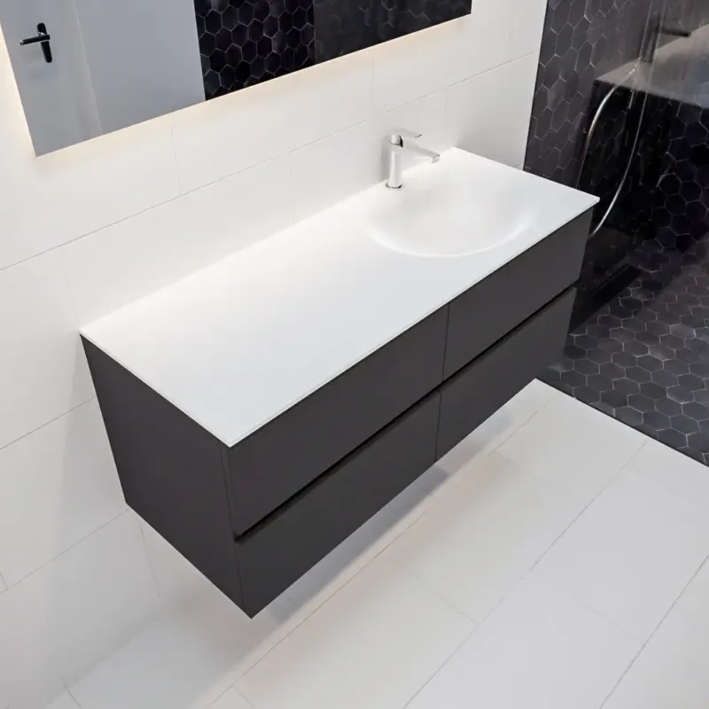 Mondiaz Vica 120cm badmeubel dark grey 4 lades wastafel Moon rechts 1 kraangat Merkproduct