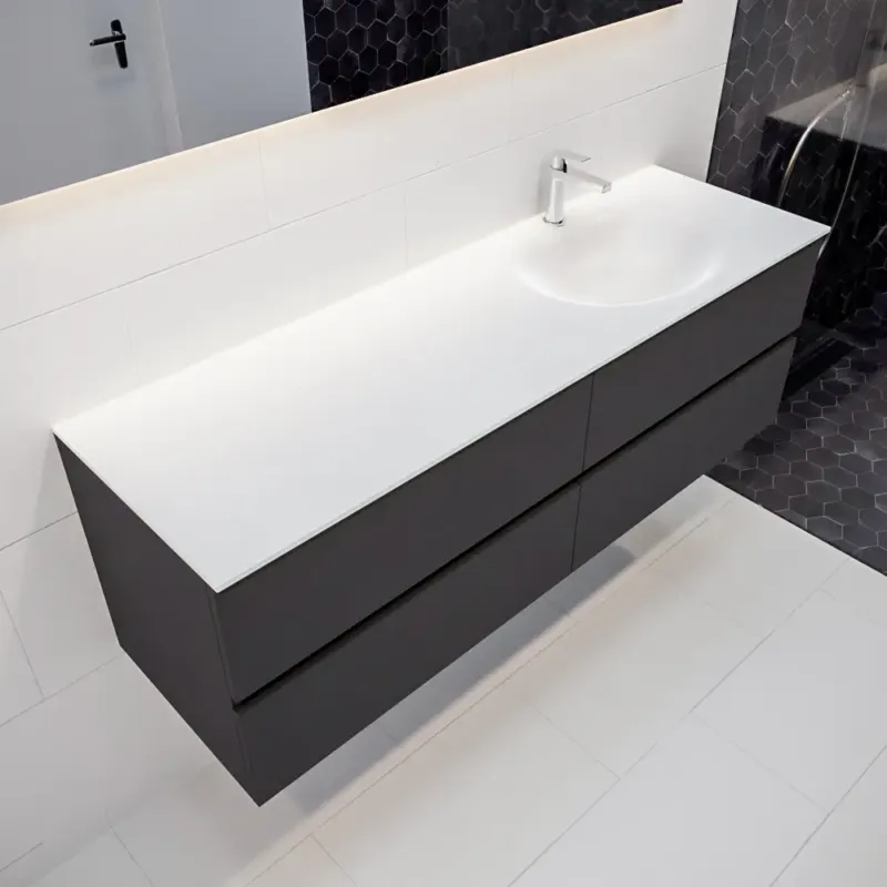 Fabrieksprijs Mondiaz Vica 150cm badmeubel dark grey 4 lades wastafel Moon rechts 1 kraangat
