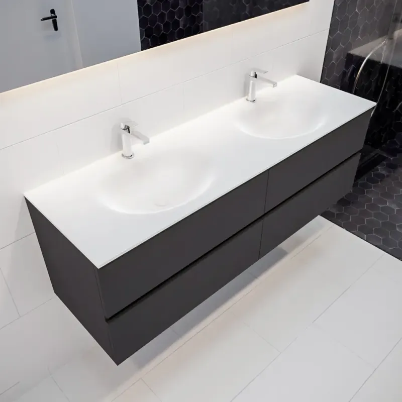 Mondiaz Vica 150cm badmeubel dark grey 4 lades wastafel Moon dubbel 2 kraangaten Snelle Levering