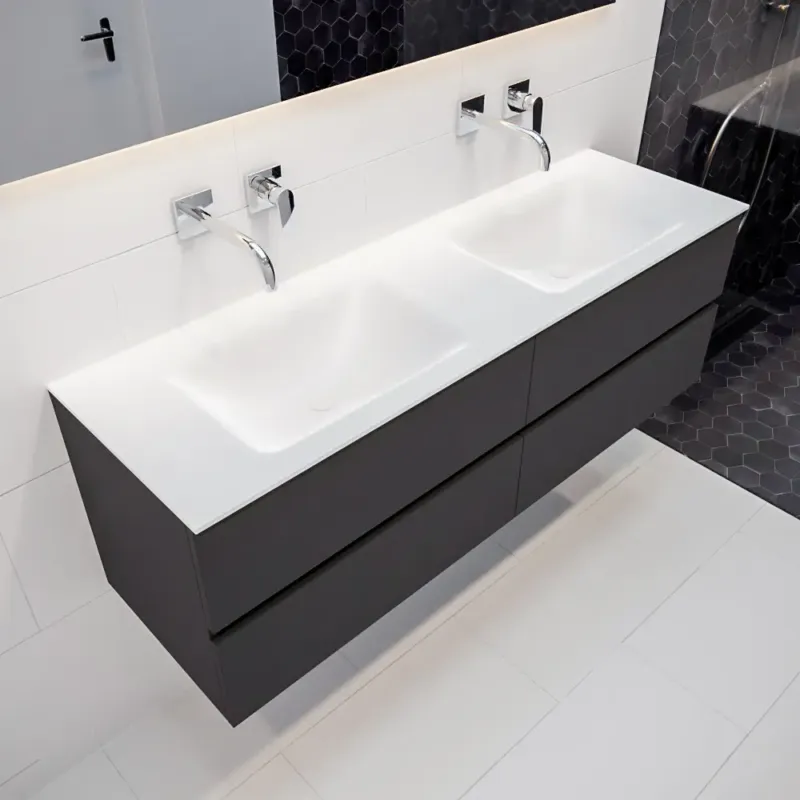 Mondiaz Vica 150cm badmeubel darkgrey 4 lades wastafel Cloud dubbel geen kraangat Finale Uitverkoop