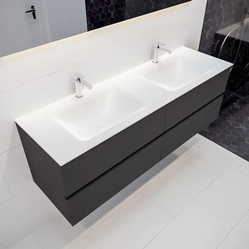 Mondiaz Vica 150cm badmeubel darkgrey 4 lades wastafel Cloud dubbel 2 kraangaten Fabrieksprijs