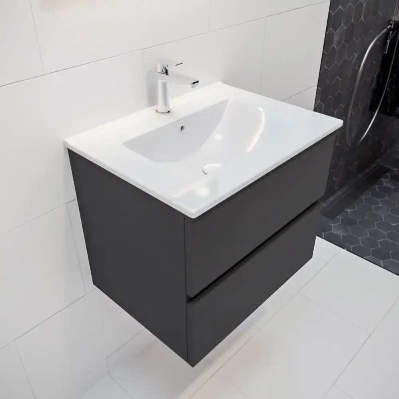 Beperkte Voorraad Mondiaz Vica 60cm badmeubel dark grey 2 lades wastafel Denia midden 1 kraangat