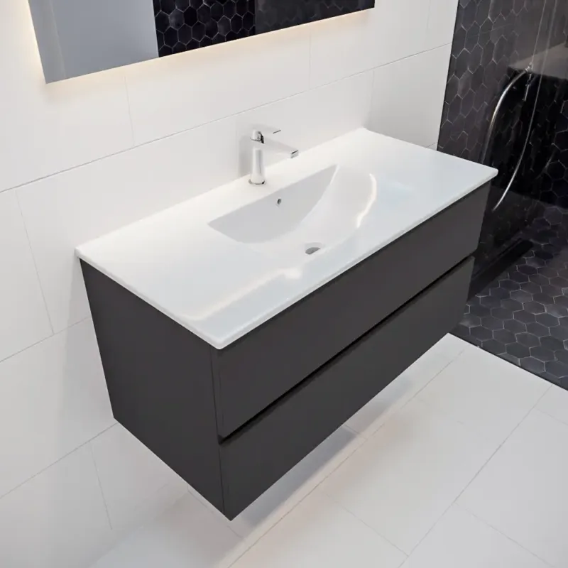 Gecertificeerd Mondiaz Vica 100cm badmeubel dark grey 2 lades wastafel Denia midden 1 kraangat