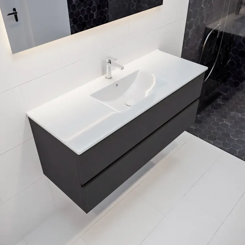 Mondiaz Vica 120cm badmeubel dark grey 2 lades wastafel Denia midden 1 kraangat Merkproduct