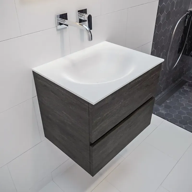 Fabrieksprijs Mondiaz Vica 60cm badmeubel dark brown 2 lades wastafel Moon midden geen kraangat