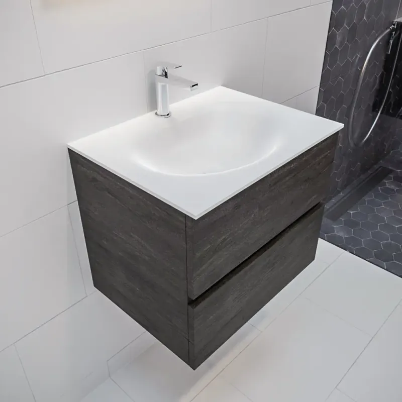 Mondiaz Vica 60cm badmeubel dark brown 2 lades wastafel Moon midden 1 kraangat Flitsaanbieding
