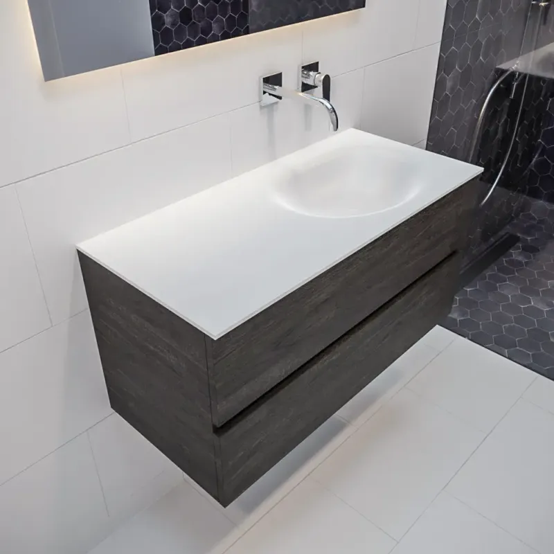 Dagaanbieding Mondiaz Vica 100cm badmeubel dark brown 2 lades wastafel Moon rechts geen kraangat