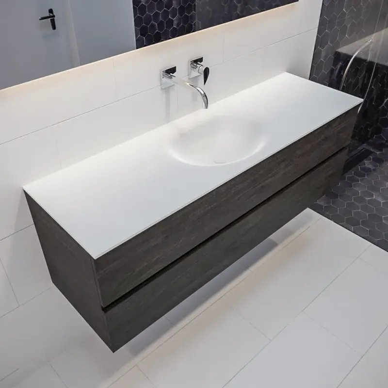 Direct Beschikbaar Mondiaz Vica 150cm badmeubel dark brown 2 lades wastafel Moon midden geen kraangat