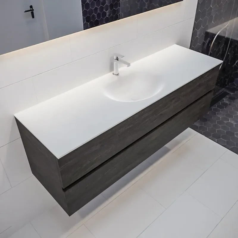 Mondiaz Vica 150cm badmeubel dark brown 2 lades wastafel Moon midden 1 kraangat Direct Beschikbaar