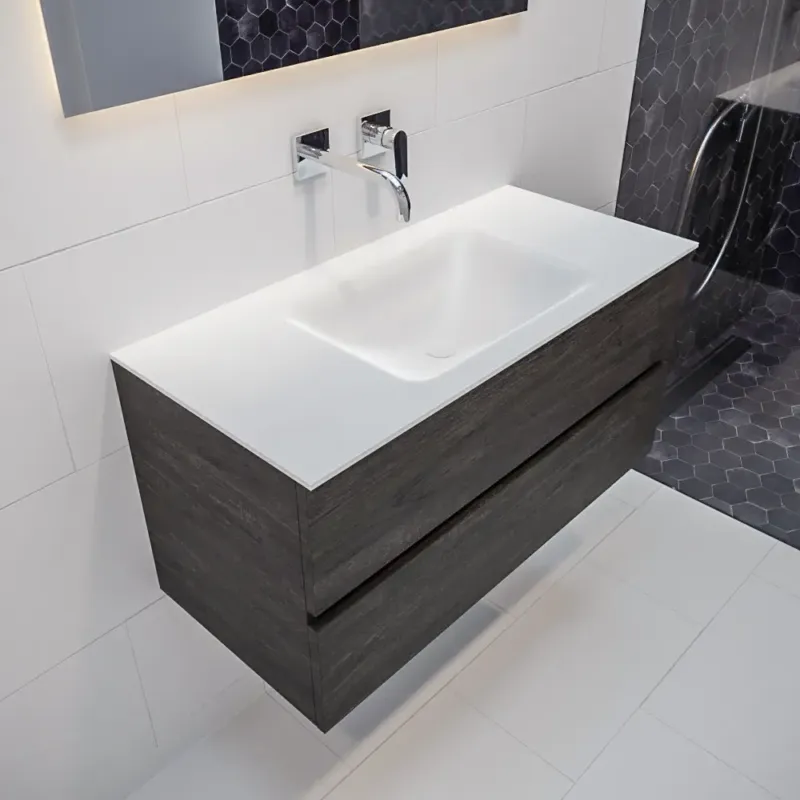 Mondiaz Vica 100cm badmeubel dark brown 2 lades wastafel Cloud midden geen kraangat Koopje