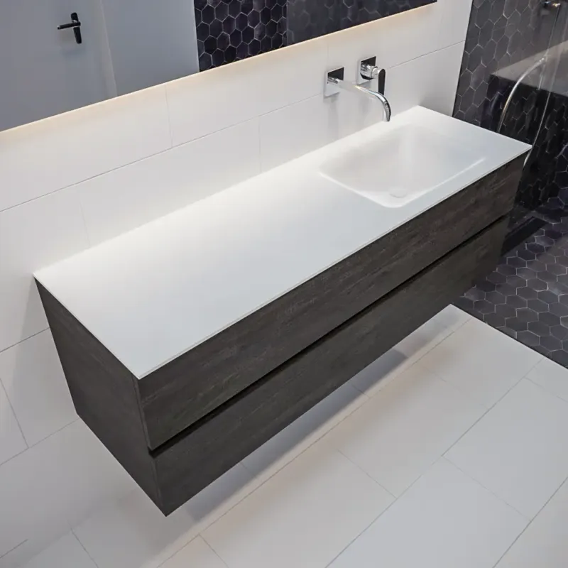 Mondiaz Vica 150cm badmeubel dark brown 2 lades wastafel Cloud rechts geen kraangat Favoriet