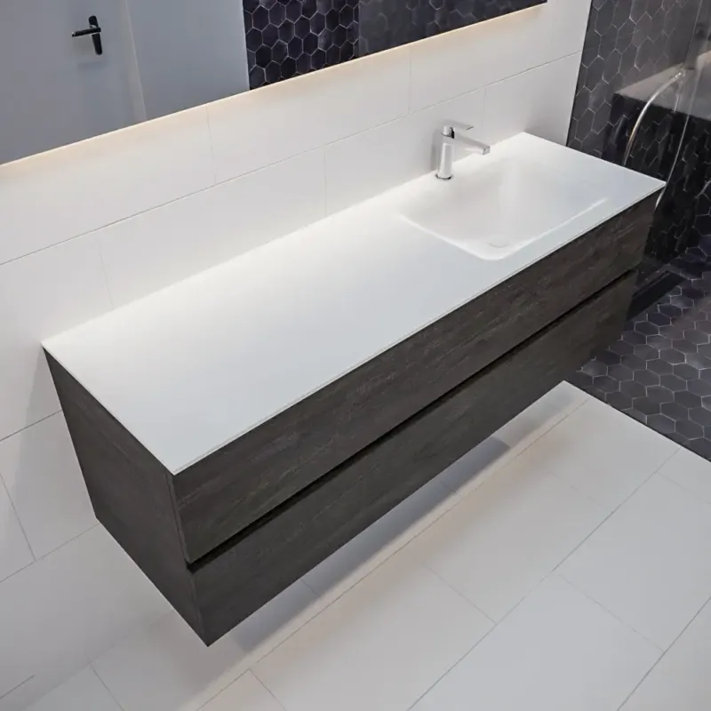 Tijdelijk Beschikbaar Mondiaz Vica 150cm badmeubel dark brown 2 lades wastafel Cloud rechts 1 kraangat