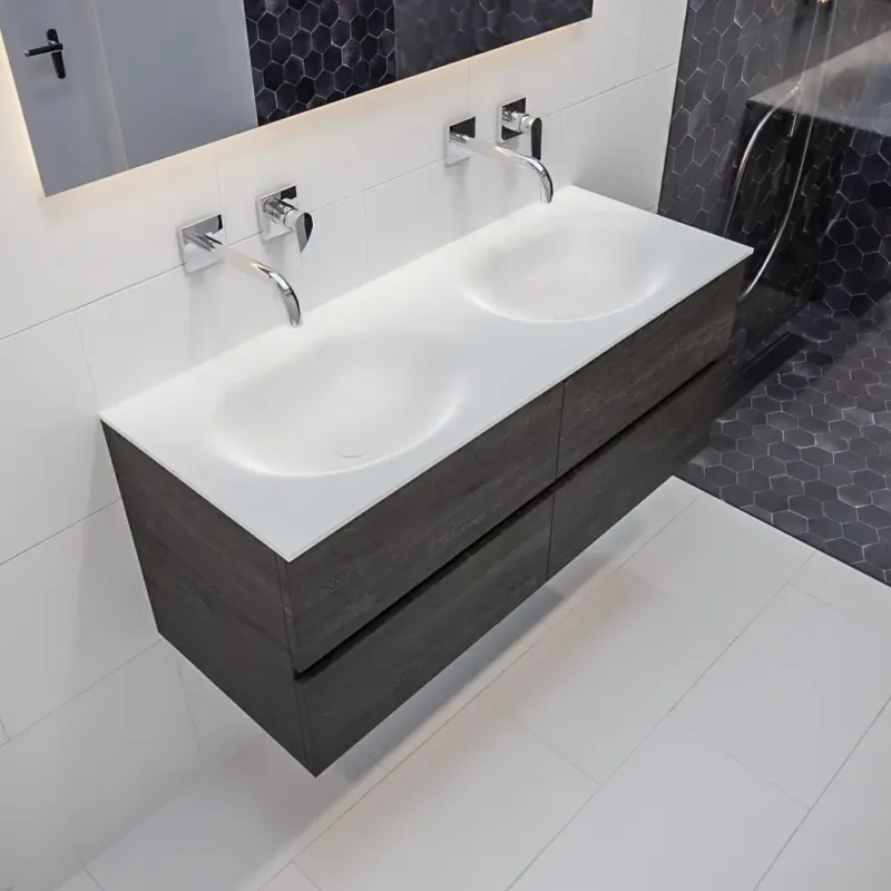 Superprijs Mondiaz Vica 120cm badmeubel dark brown 4 lades wastafel Moon dubbel geen kraangat