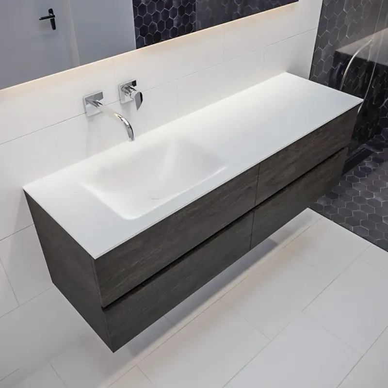 Tijdelijk Beschikbaar Mondiaz Vica 150cm badmeubel dark brown 4 lades wastafel Cloud links geen kraangat