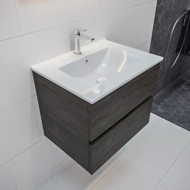 Mondiaz Vica 60cm badmeubel dark brown 2 lades wastafel Denia midden 1 kraangat Merkproduct