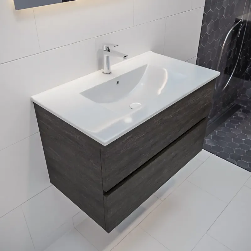 Weekendaanbieding Mondiaz Vica 80cm badmeubel dark brown 2 lades wastafel Denia midden 1 kraangat
