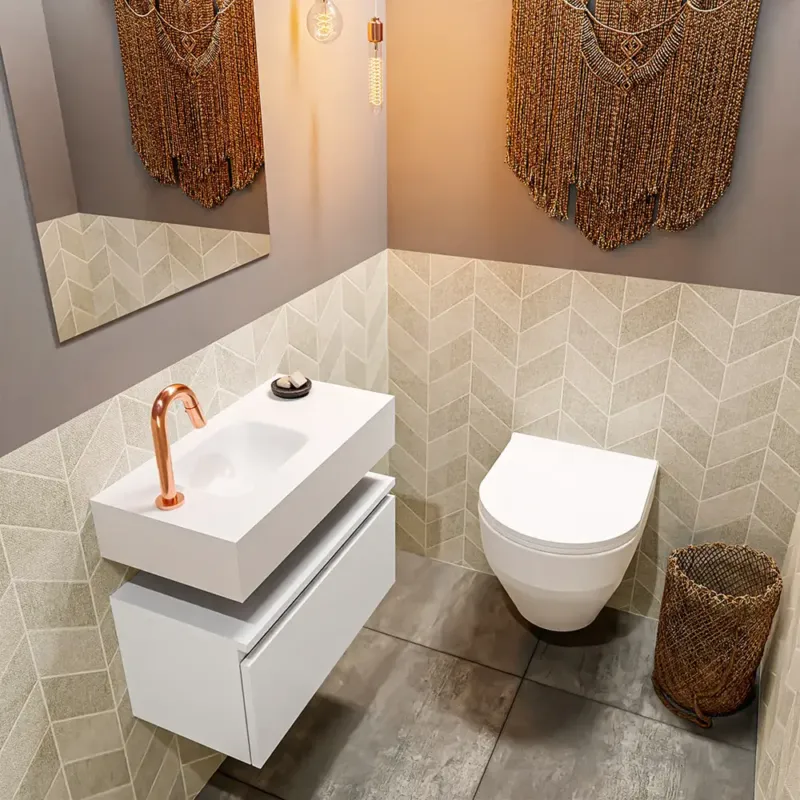 Lage Kosten Mondiaz Andor toiletmeubel 60cm mat wit met witte wastafel links met kraangat