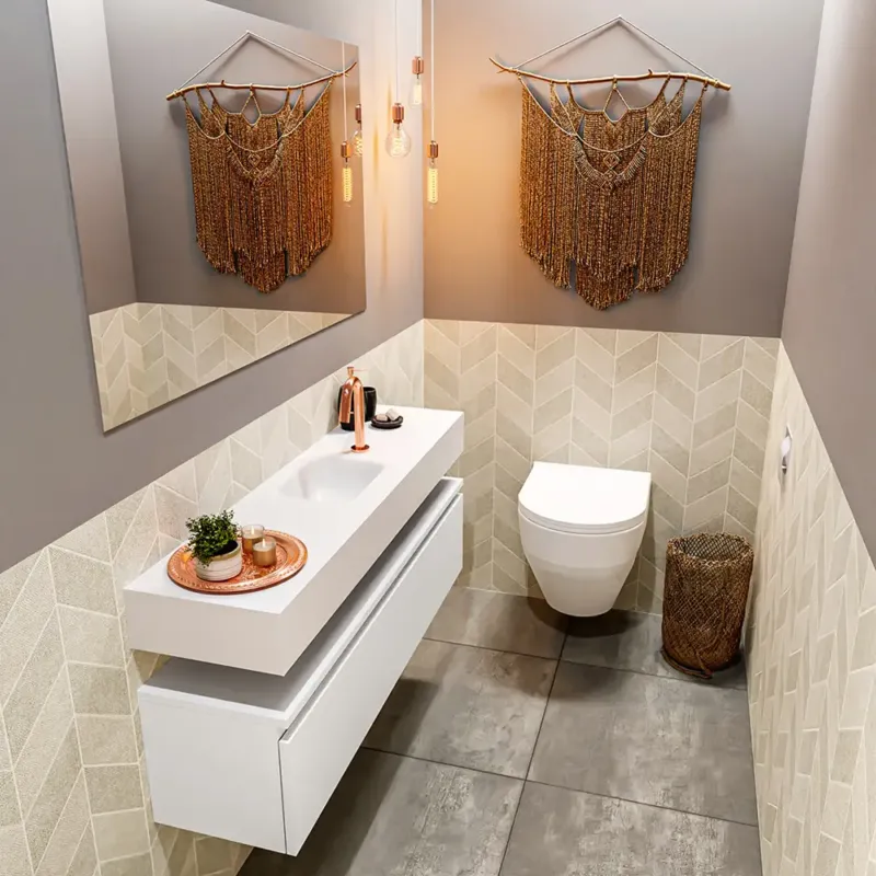 Uitverkoop Mondiaz Andor toiletmeubel 120cm mat wit met witte wastafel midden met kraangat