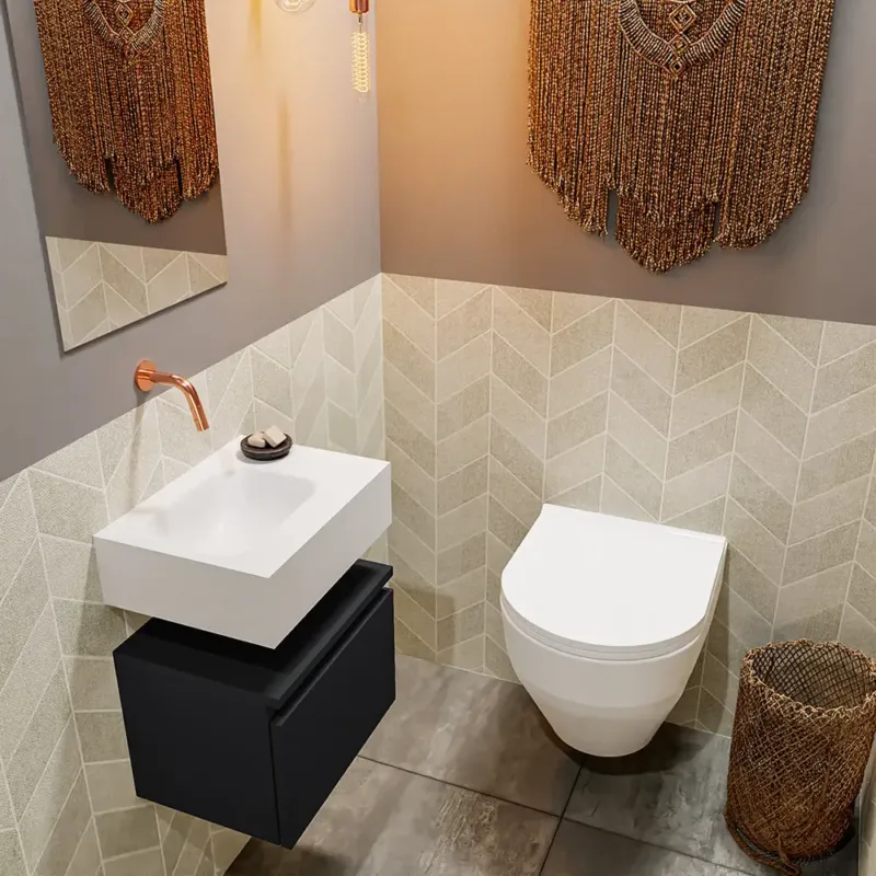 Op = Op Mondiaz Andor toiletmeubel 40cm mat zwart met witte wastafel links zonder kraangat
