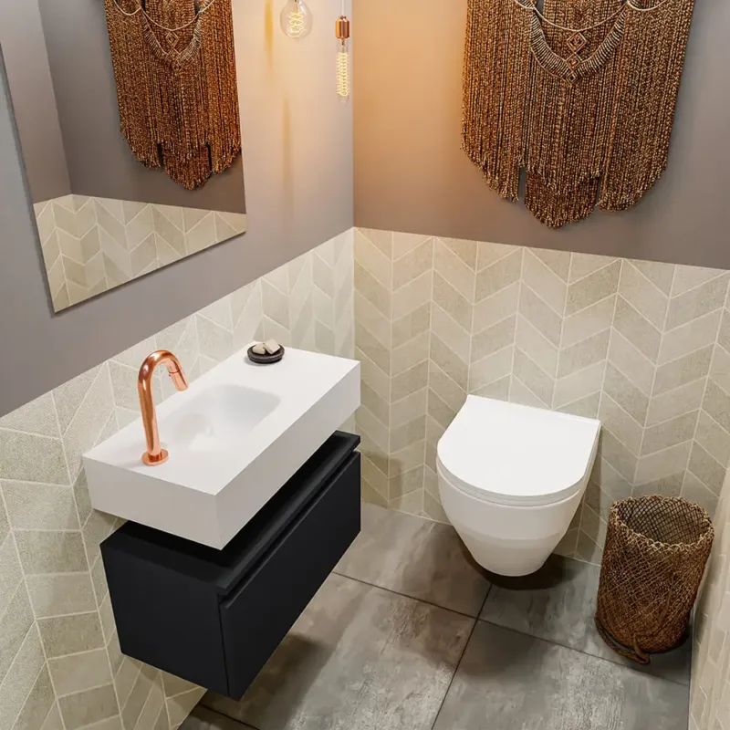 Alleen Vandaag Mondiaz Andor toiletmeubel 60cm mat zwart met witte wastafel links met kraangat