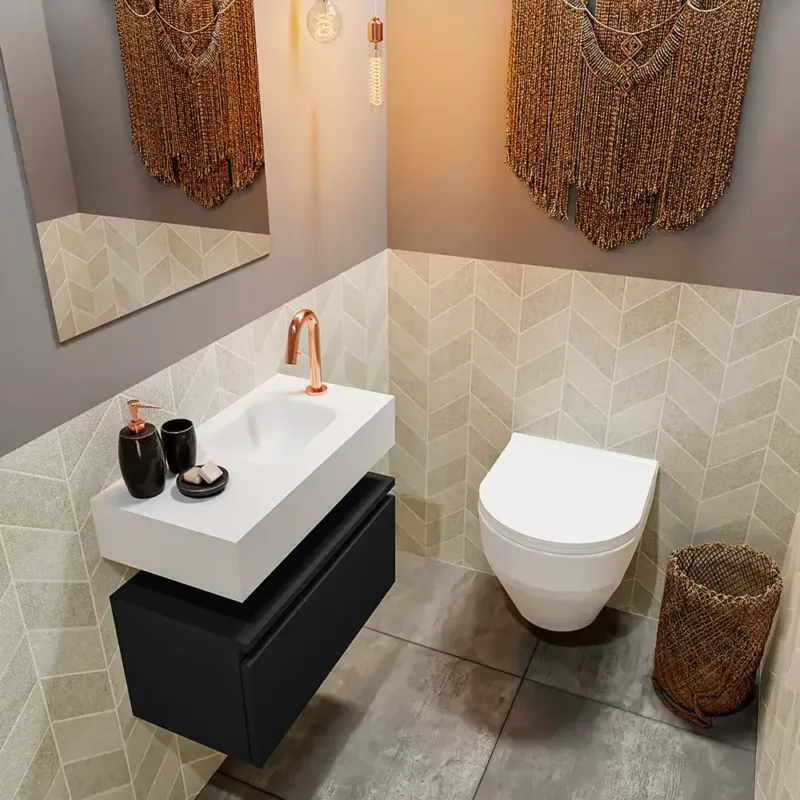 Dagaanbieding Mondiaz Andor toiletmeubel 60cm mat zwart met witte wastafel rechts met kraangat
