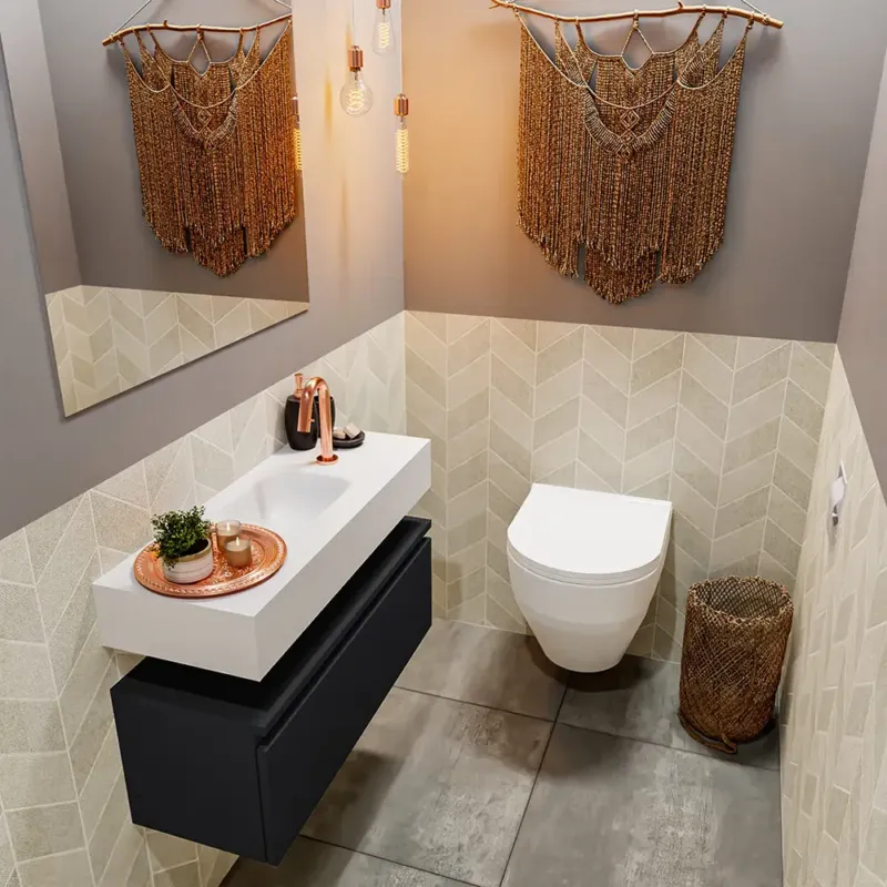 Gecertificeerd Mondiaz Andor toiletmeubel 80cm mat zwart met witte wastafel midden met kraangat