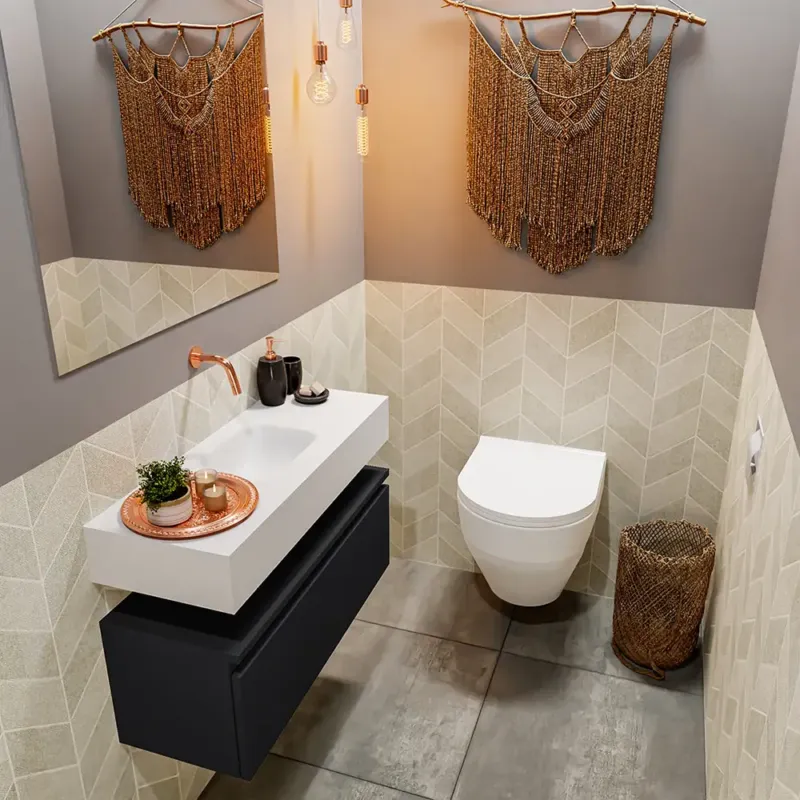 Lage Kosten Mondiaz Andor toiletmeubel 80cm mat zwart met witte wastafel midden zonder kraangat