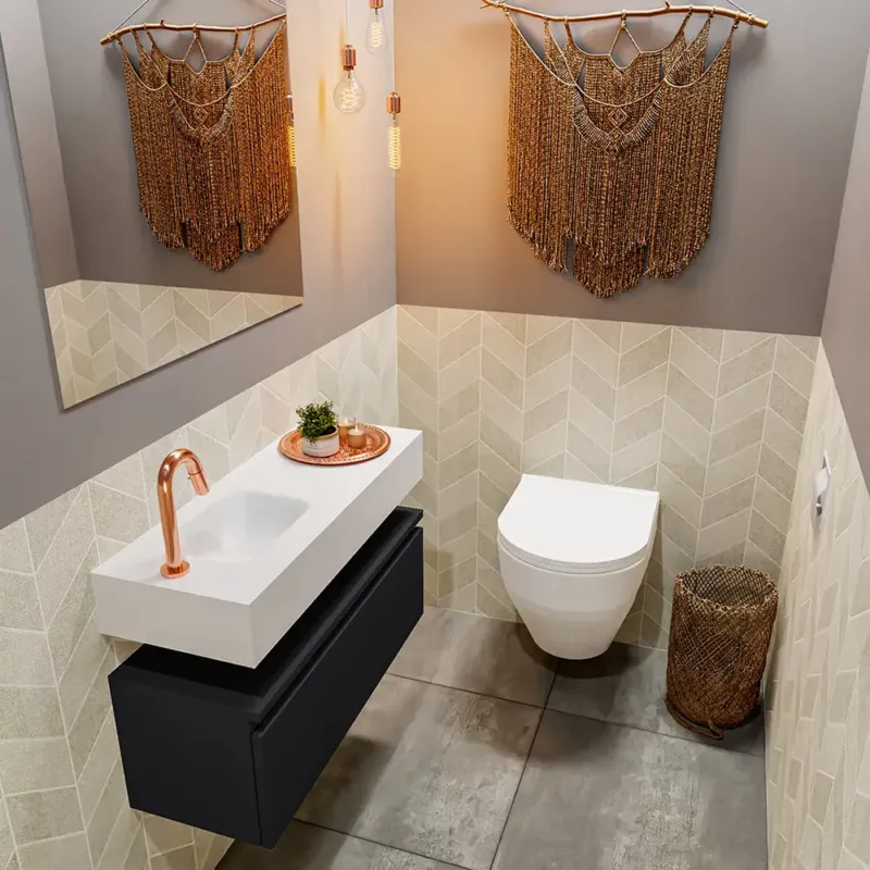 Populair Mondiaz Andor toiletmeubel 80cm mat zwart met witte wastafel links met kraangat
