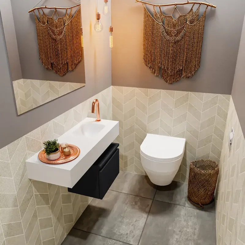 Laatste Versie Mondiaz Andor toiletmeubel 40cm mat zwart met witte wastafel 80cm rechts met kraangat