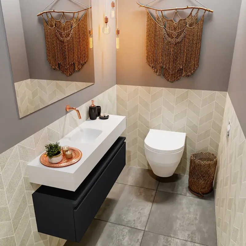 Betrouwbaar Mondiaz Andor toiletmeubel 100cm mat zwart met witte wastafel midden zonder kraangat