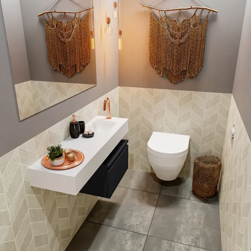 Actieprijs Mondiaz Andor toiletmeubel 50cm mat zwart met witte wastafel 100cm rechts met kraangat