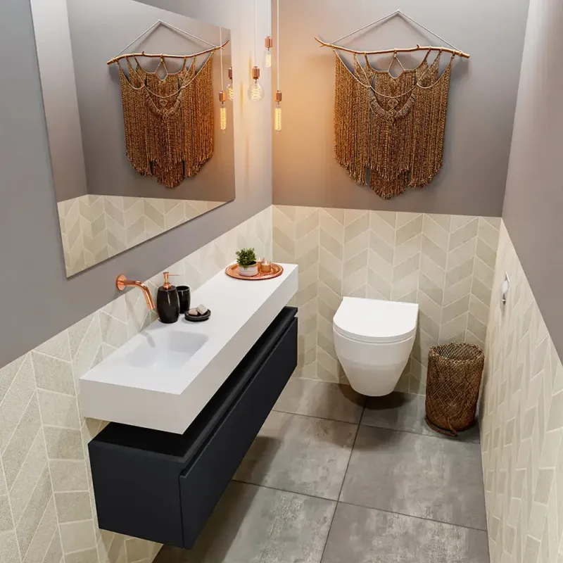 Uitverkoop Mondiaz Andor toiletmeubel 120cm mat zwart met witte wastafel links zonder kraangat