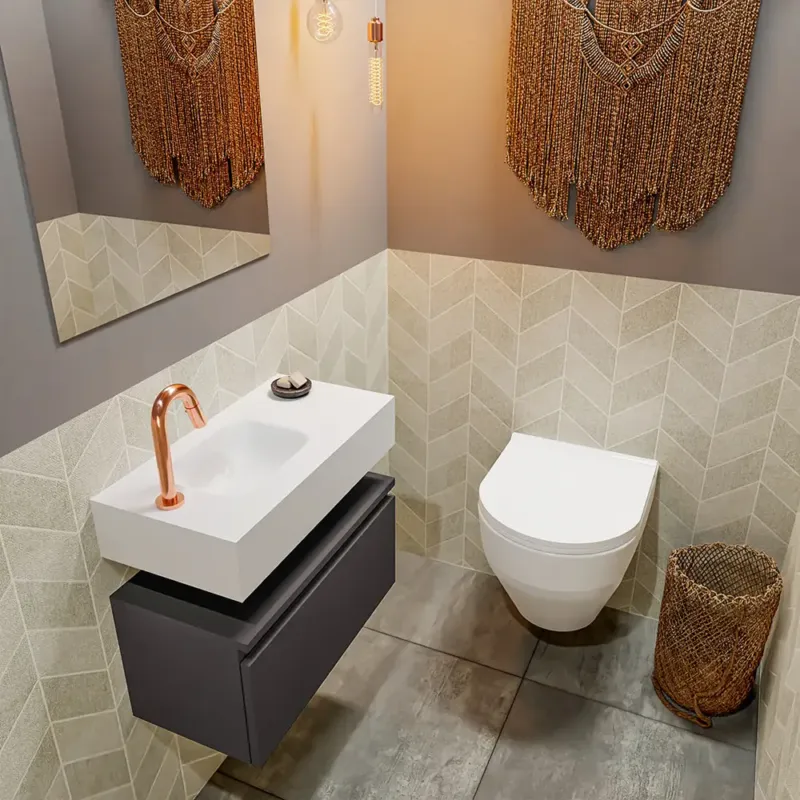 Beperkt Aanbod Mondiaz Andor toiletmeubel 60cm donkergrijs met witte wastafel links met kraangat