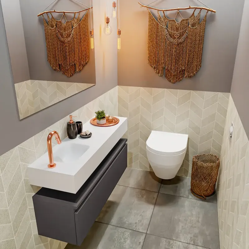 Finale Uitverkoop Mondiaz Andor toiletmeubel 100cm donkergrijs met witte wastafel links met kraangat