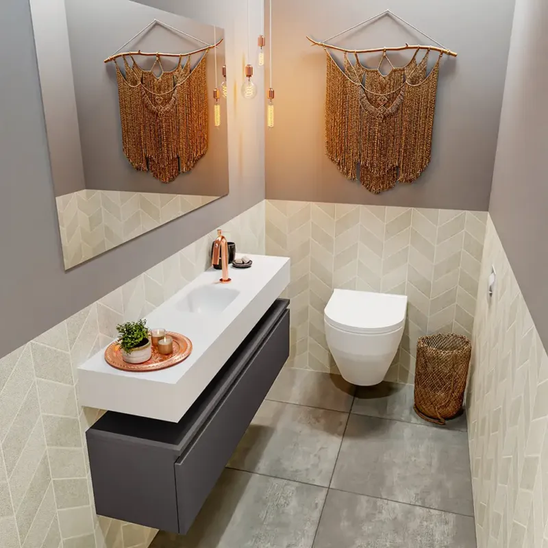 Fabrieksprijs Mondiaz Andor toiletmeubel 120cm donkergrijs met witte wastafel midden met kraangat