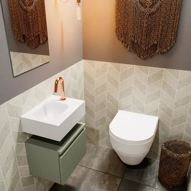 Actieprijs Mondiaz Andor toiletmeubel 40cm army met witte wastafel links met kraangat