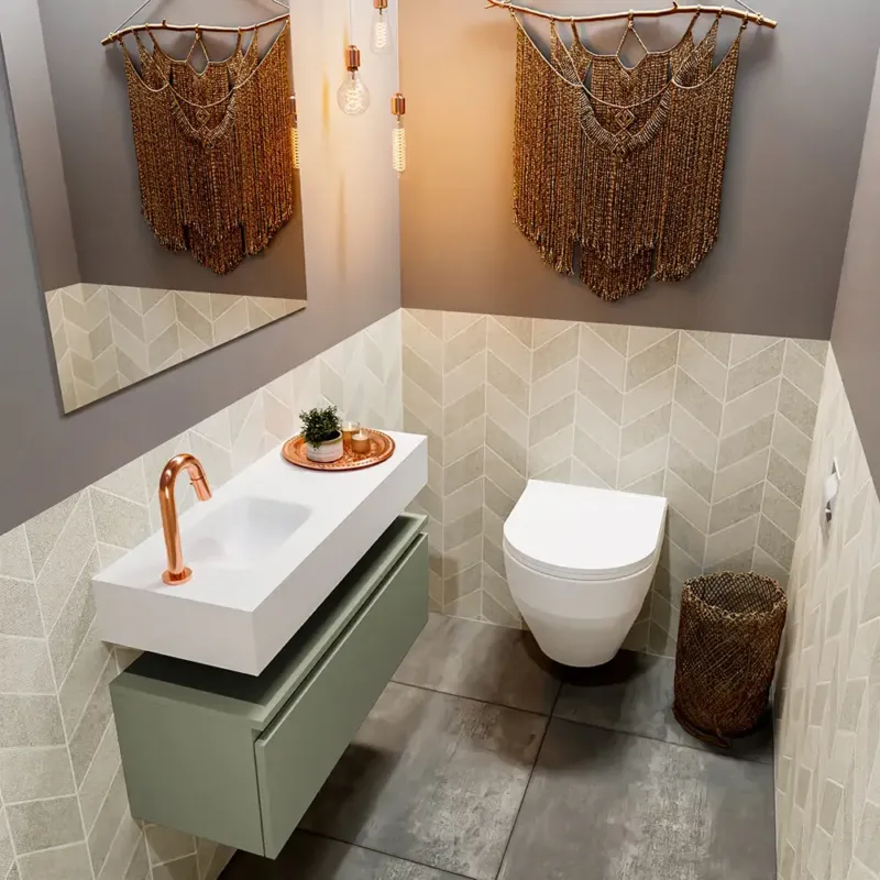 Korting Mondiaz Andor toiletmeubel 80cm army met witte wastafel links met kraangat