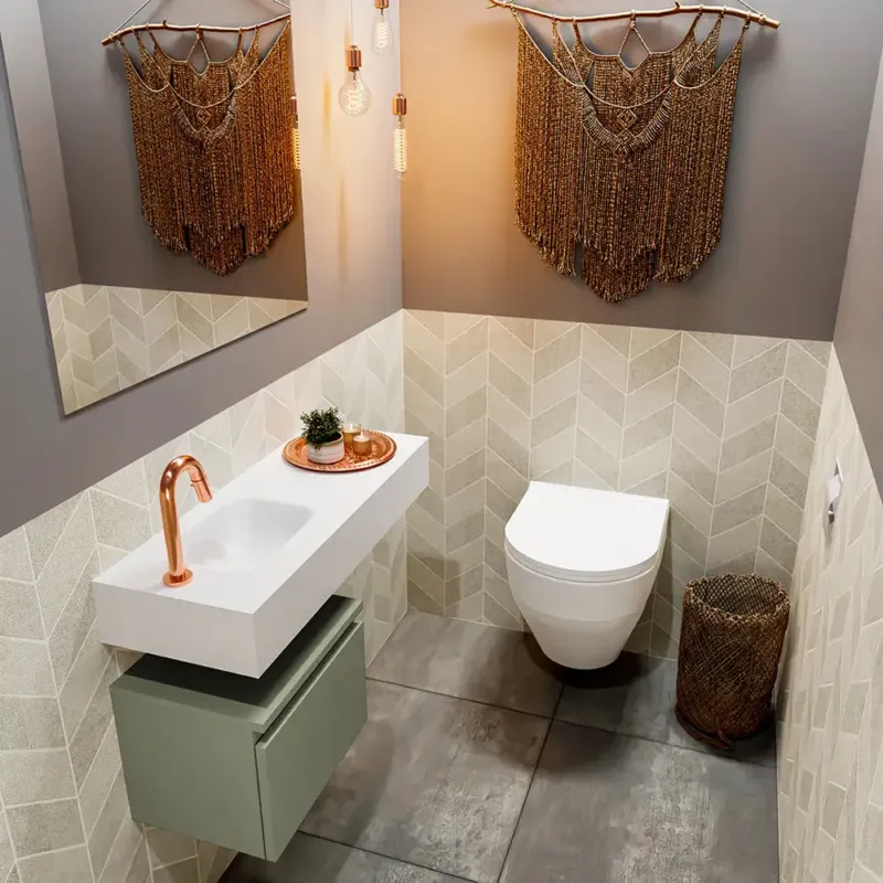 Dagaanbieding Mondiaz Andor toiletmeubel 40cm army met witte wastafel 80cm links met kraangat