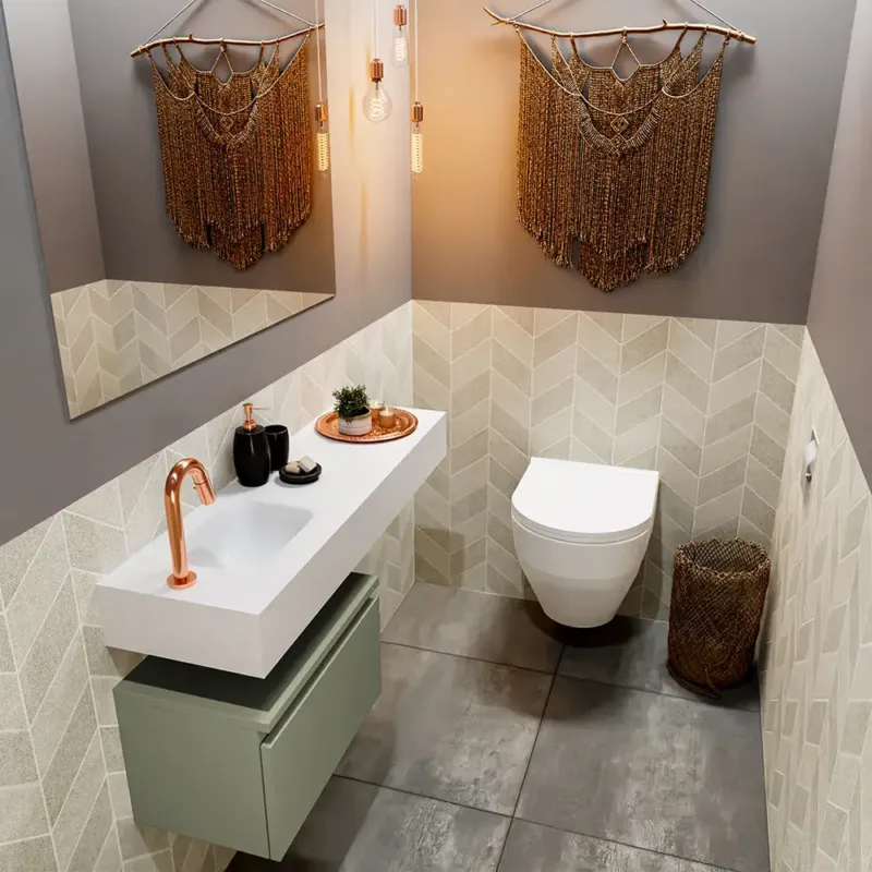 Op = Op Mondiaz Andor toiletmeubel 50cm army met witte wastafel 100cm links met kraangat