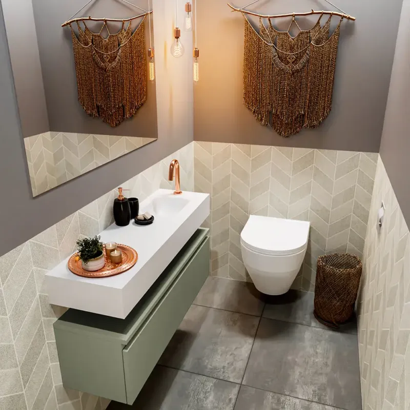 Rechtstreeks Van De Fabrikant Mondiaz Andor toiletmeubel 100cm army met witte wastafel rechts met kraangat