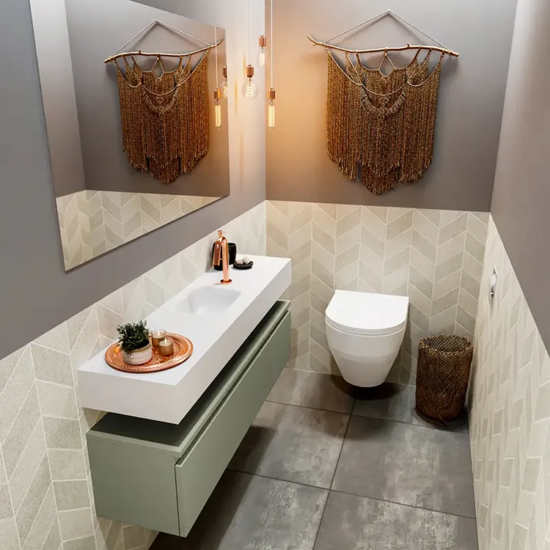 Hoge Kwaliteit Mondiaz Andor toiletmeubel 120cm army met witte wastafel midden met kraangat