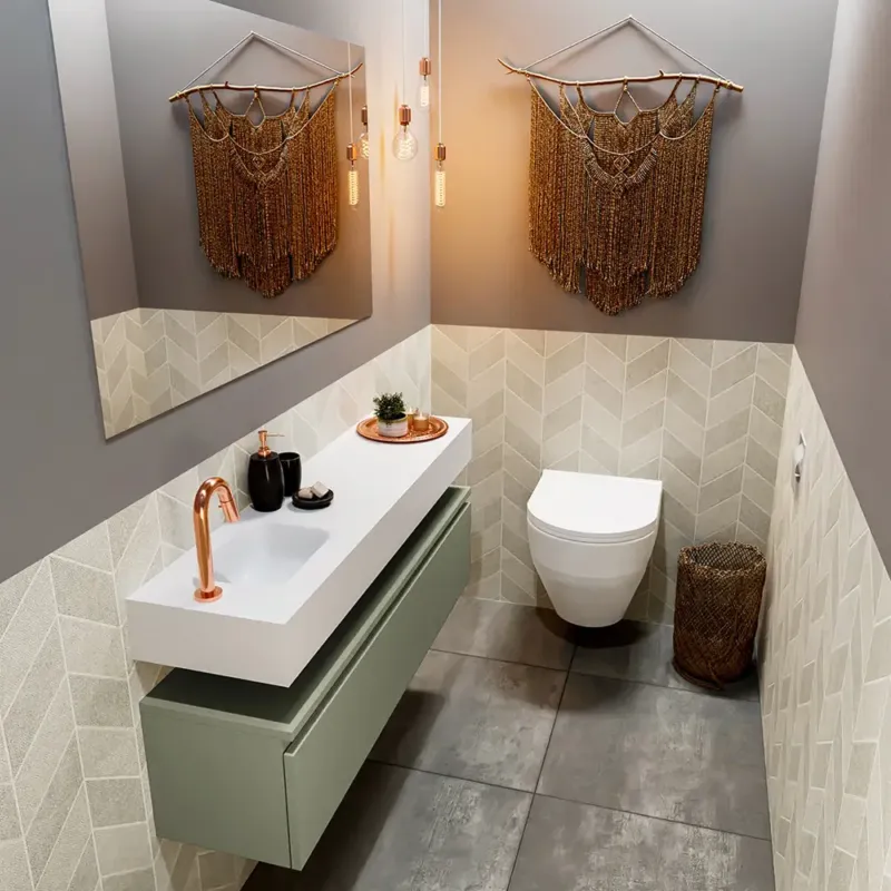 Lage Prijs Mondiaz Andor toiletmeubel 120cm army met witte wastafel links met kraangat