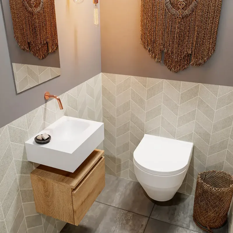 Aanbieding Mondiaz Andor toiletmeubel 40cm eiken met witte wastafel rechts zonder kraangat