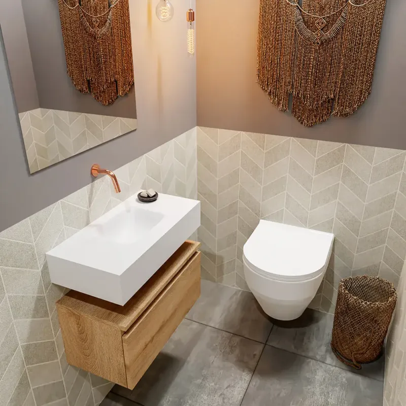 Lage Prijs Mondiaz Andor toiletmeubel 60cm eiken met witte wastafel midden zonder kraangat