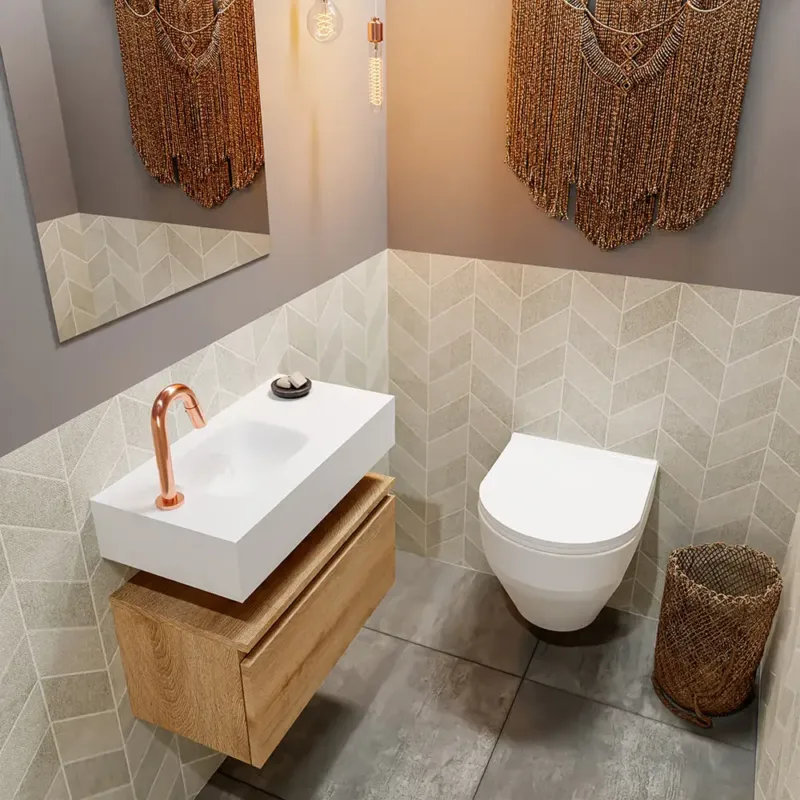 Hete Deal Mondiaz Andor toiletmeubel 60cm eiken met witte wastafel links met kraangat